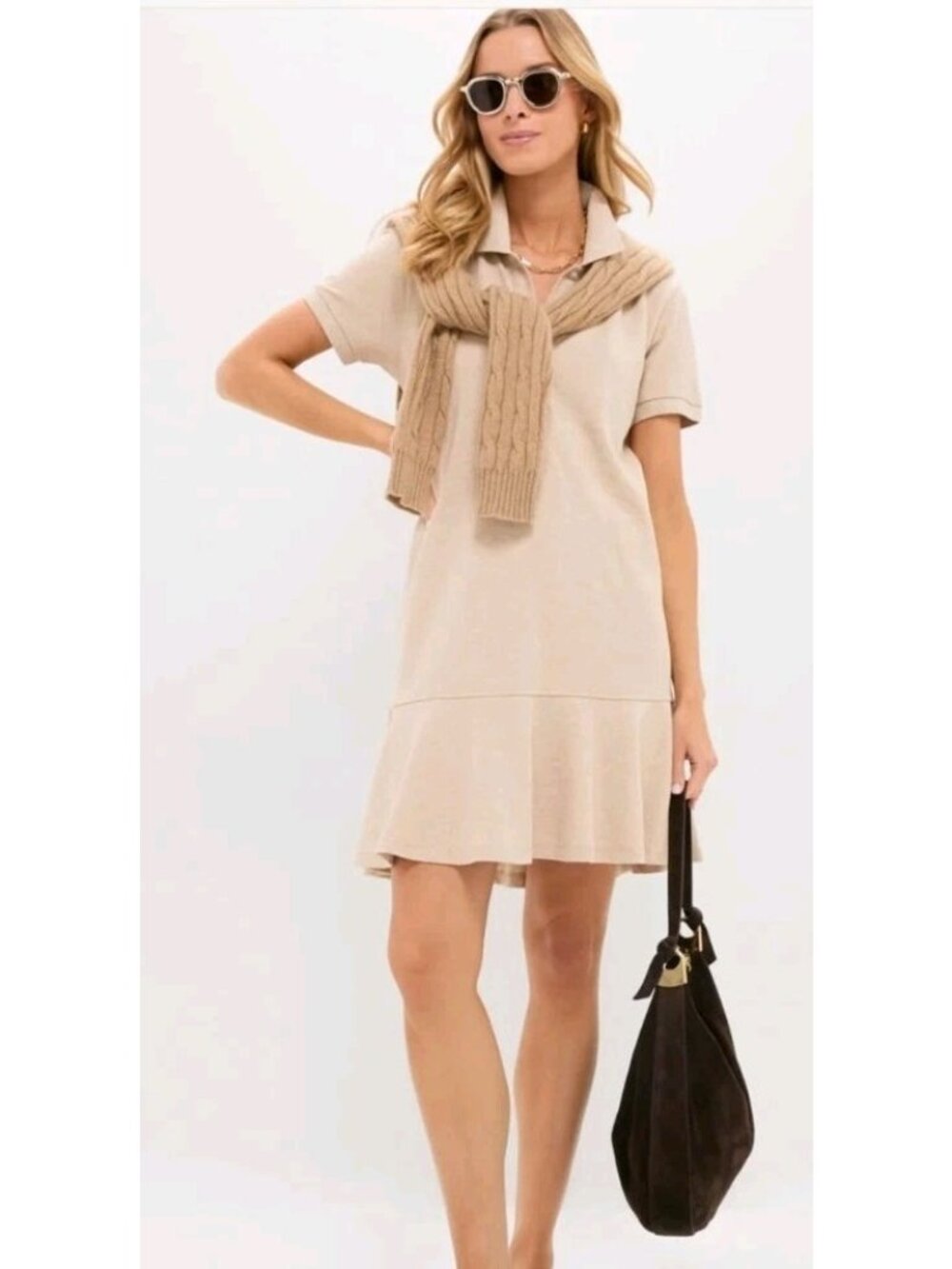 Tuckernuck Sandstone Pique Polo Dress Womens Small NWT Tan Mini Ruffle Hem